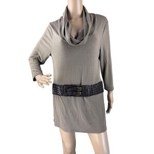 Ms. Bella D Taupe Knitted Sweater Mini Dress Cowl Neck, Long Sleeves, Size M